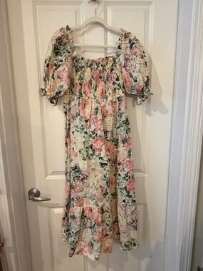 Faithfull the Brand Linen Floral Midi Dress in Cream, Pink, Green